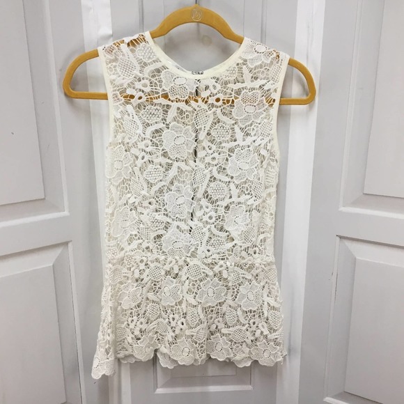 CAbi Tops - CAbi White Crocheted Lace Sheer Peplum Top